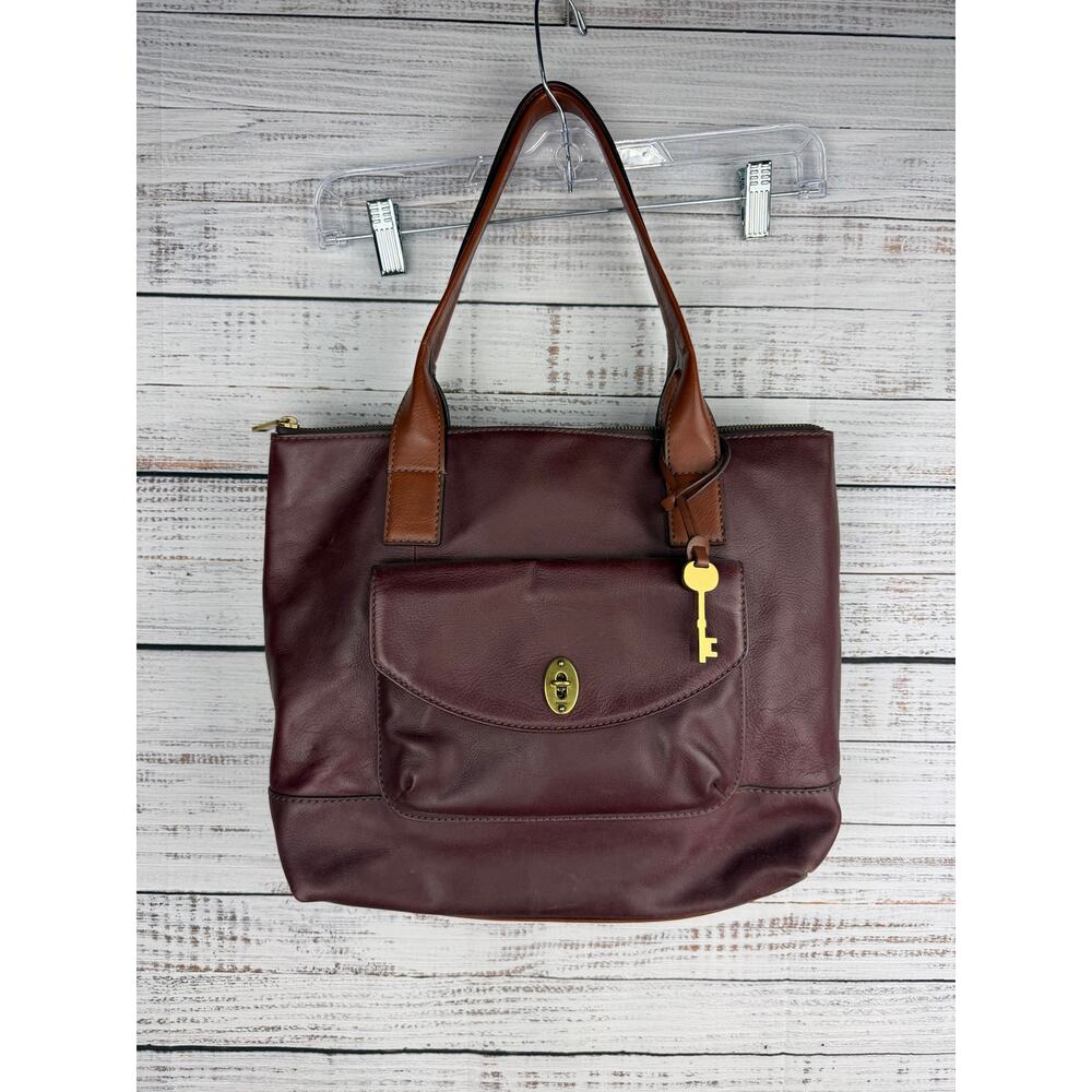 Fossil Vintage Classic Shopper Tote Bag Shoulder Brown Key Charm Genuine Leather